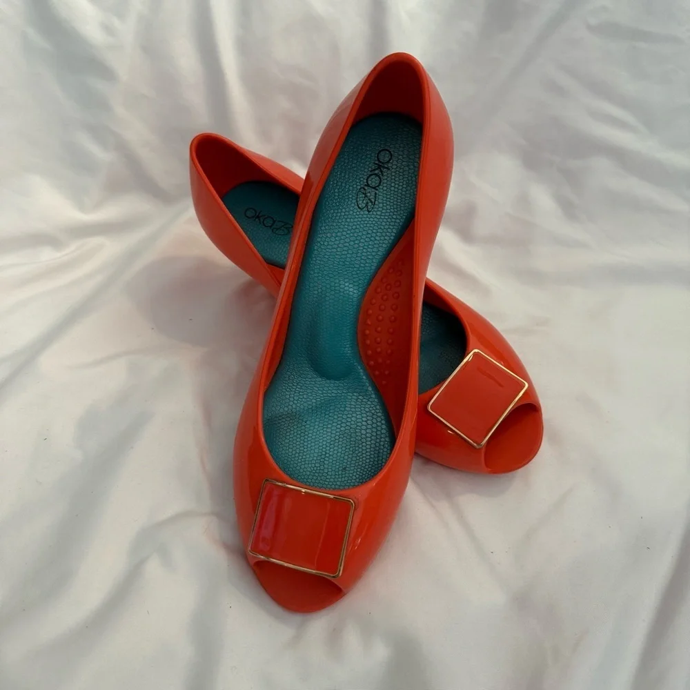 EUC Oka-B Jelly Wedge Peep-toe Heels with Buckle Detail